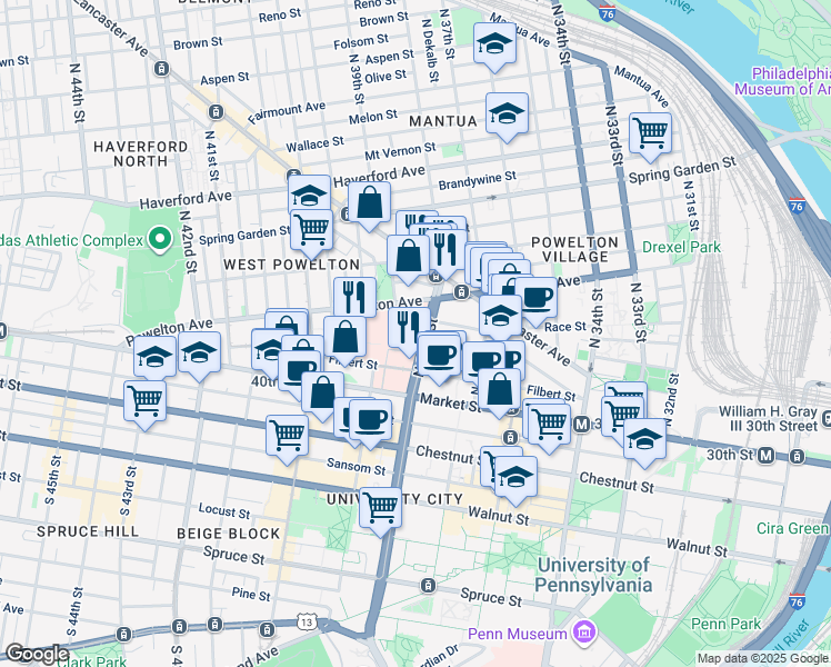 map of restaurants, bars, coffee shops, grocery stores, and more near 51 North 39th Street in Philadelphia