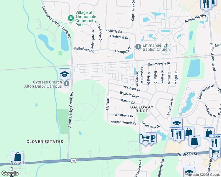 map of restaurants, bars, coffee shops, grocery stores, and more near 5952 Wellbrid Drive in Galloway