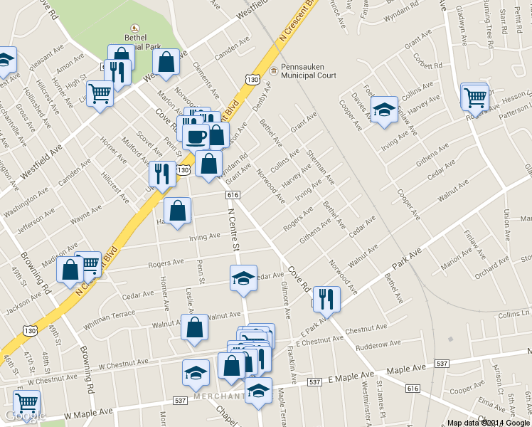 map of restaurants, bars, coffee shops, grocery stores, and more near 6531 Irving Avenue in Pennsauken Township