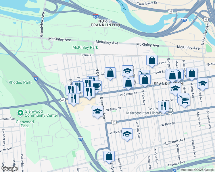 map of restaurants, bars, coffee shops, grocery stores, and more near 31 Hayden Avenue in Columbus