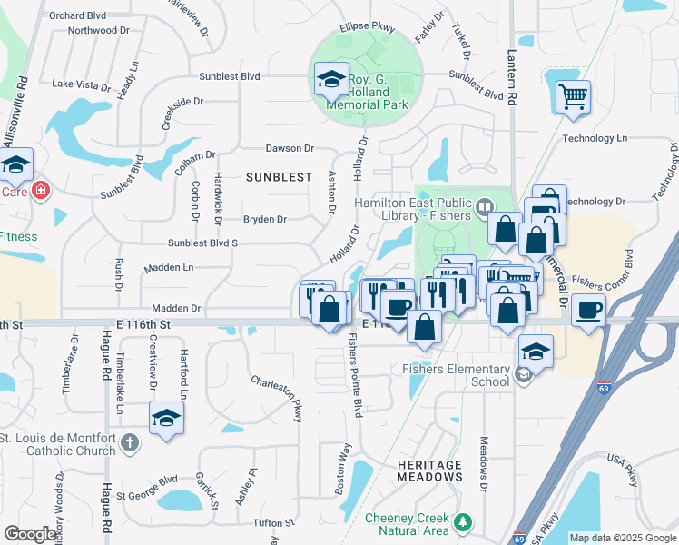 map of restaurants, bars, coffee shops, grocery stores, and more near 11668 Lake Circle in Fishers