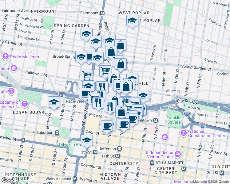 map of restaurants, bars, coffee shops, grocery stores, and more near 326 North 12th Street in Philadelphia