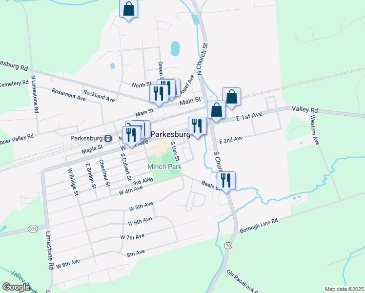 map of restaurants, bars, coffee shops, grocery stores, and more near 220 Grant Street in Parkesburg