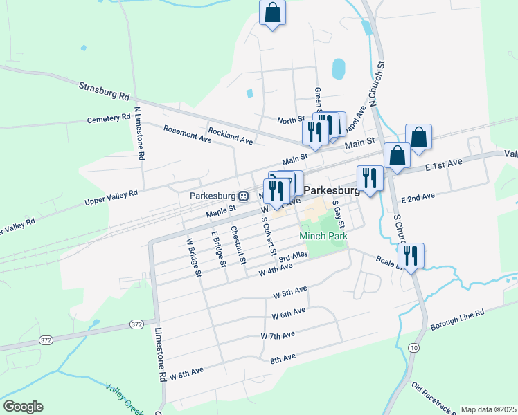 map of restaurants, bars, coffee shops, grocery stores, and more near 503 West 1st Avenue in Parkesburg