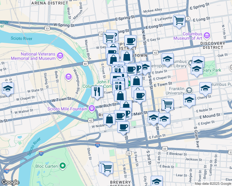 map of restaurants, bars, coffee shops, grocery stores, and more near 185 South Wall Street in Columbus