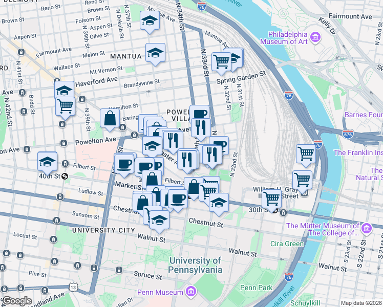 map of restaurants, bars, coffee shops, grocery stores, and more near 3400 Race Street in Philadelphia