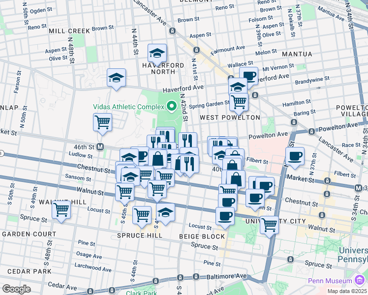 map of restaurants, bars, coffee shops, grocery stores, and more near 4212 Powelton Avenue in Philadelphia