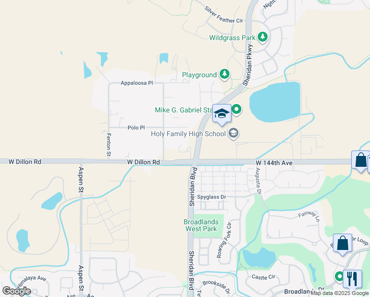 map of restaurants, bars, coffee shops, grocery stores, and more near 14563 Sheridan Boulevard in Broomfield