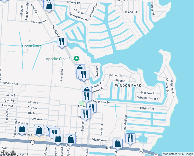 map of restaurants, bars, coffee shops, grocery stores, and more near 3125 Creek Road in Toms River