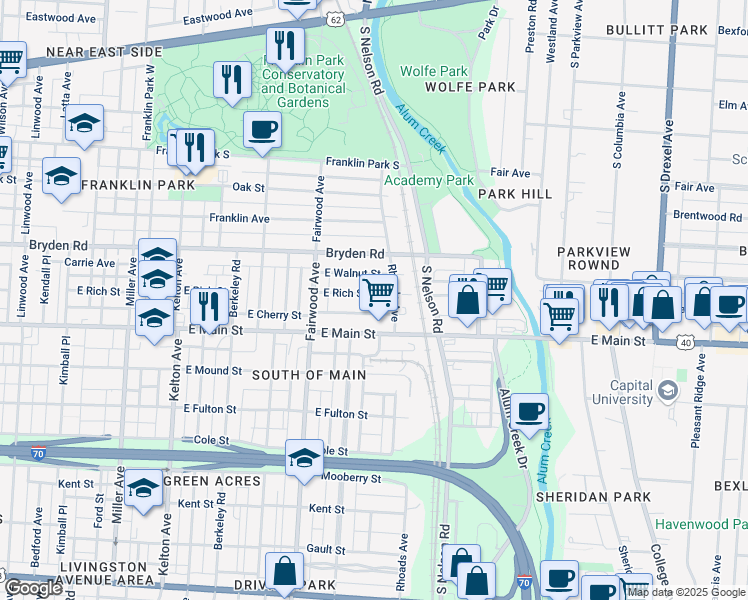 map of restaurants, bars, coffee shops, grocery stores, and more near 1839 East Rich Street in Columbus