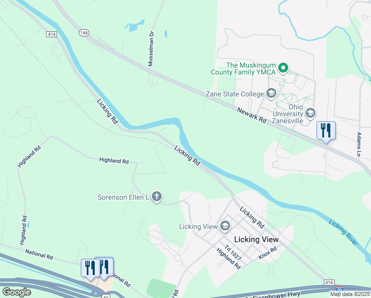 map of restaurants, bars, coffee shops, grocery stores, and more near 2665 Licking Road in Zanesville