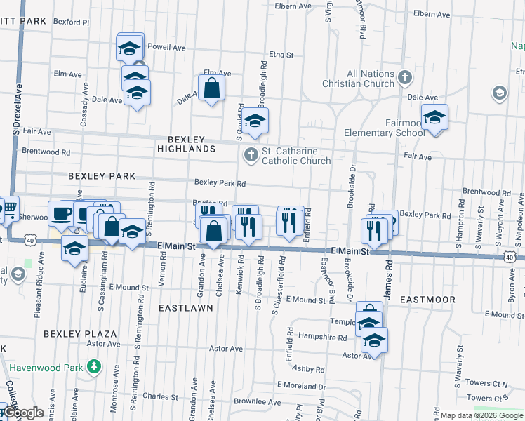 map of restaurants, bars, coffee shops, grocery stores, and more near 2851 Bryden Road in Columbus
