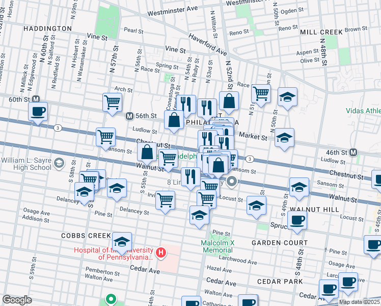 map of restaurants, bars, coffee shops, grocery stores, and more near 106 South Peach Street in Philadelphia