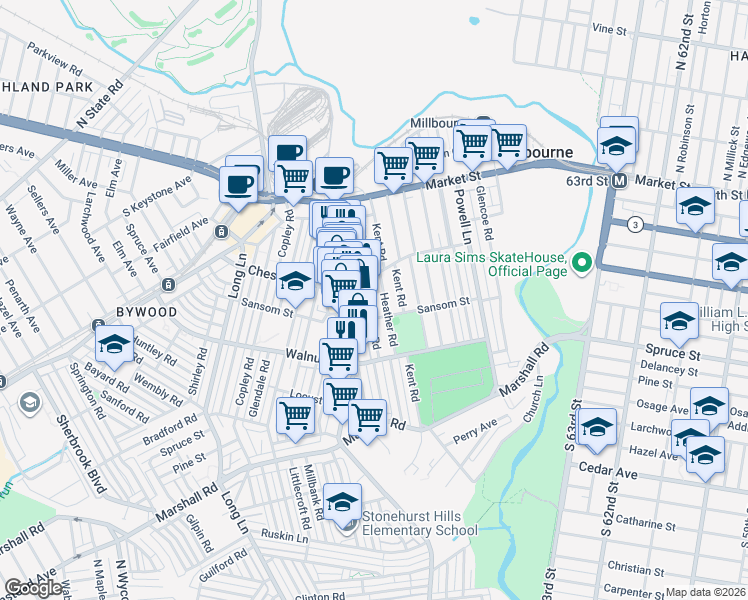 map of restaurants, bars, coffee shops, grocery stores, and more near 129 Heather Road in Delaware County