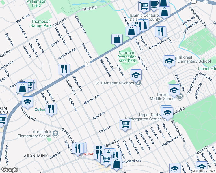 map of restaurants, bars, coffee shops, grocery stores, and more near 1104 Ormond Avenue in Drexel Hill