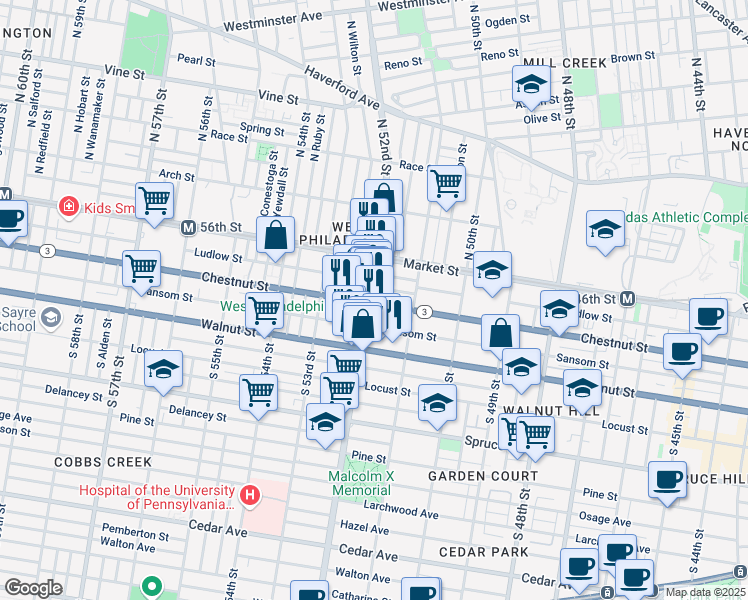 map of restaurants, bars, coffee shops, grocery stores, and more near 47 South 52nd Street in Philadelphia