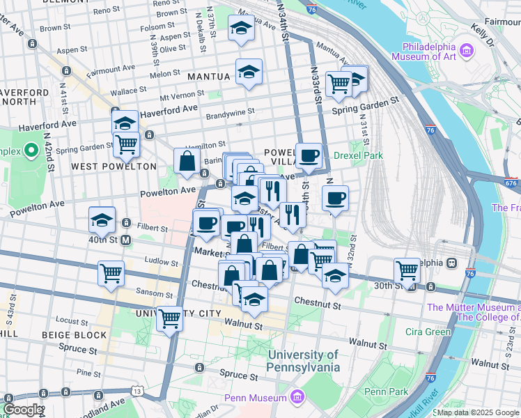 map of restaurants, bars, coffee shops, grocery stores, and more near Lancaster Ave & N 36th St in Philadelphia