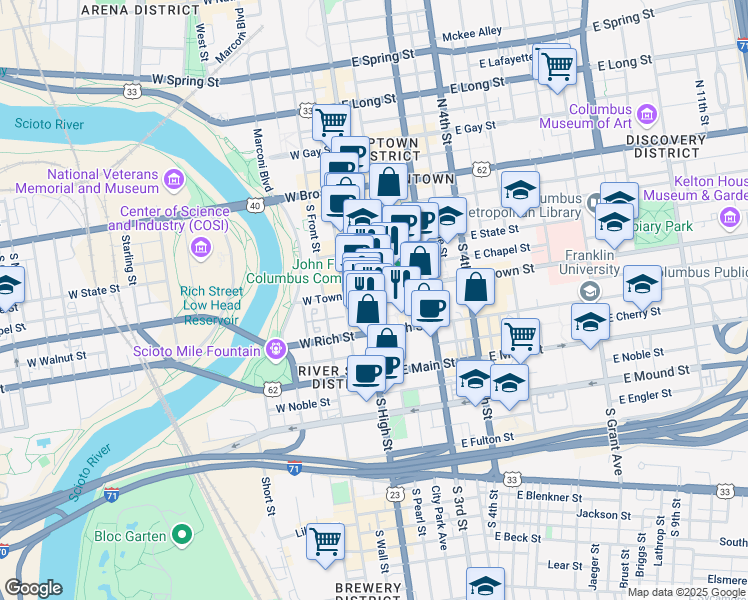 map of restaurants, bars, coffee shops, grocery stores, and more near 166 South High Street in Columbus