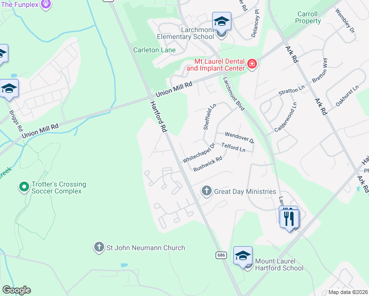 map of restaurants, bars, coffee shops, grocery stores, and more near 3 Whitechapel Court in Mount Laurel Township