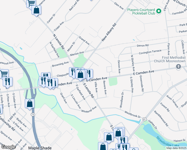 map of restaurants, bars, coffee shops, grocery stores, and more near 105 East Camden Avenue in Moorestown