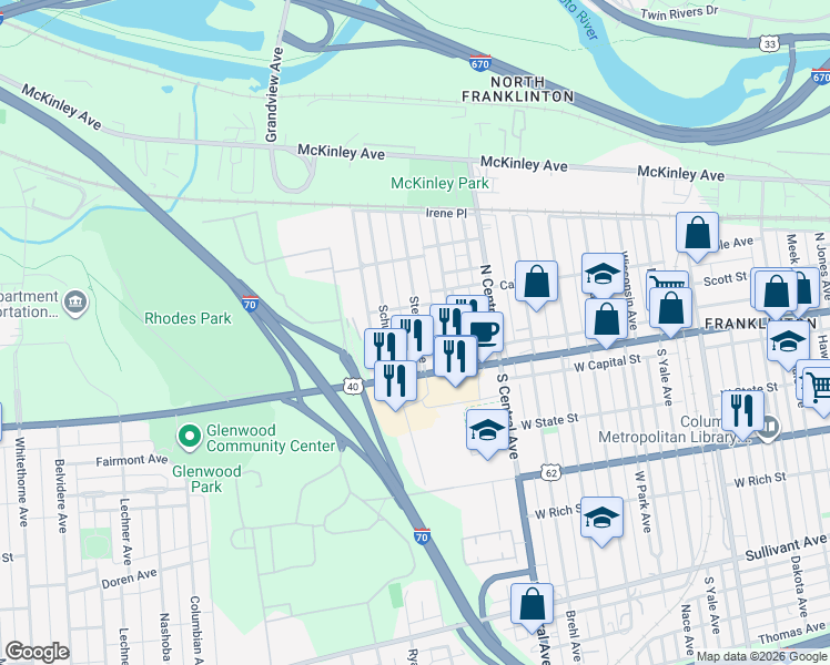 map of restaurants, bars, coffee shops, grocery stores, and more near 53 Stevens Avenue in Columbus