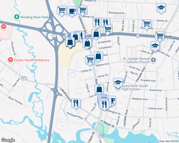 map of restaurants, bars, coffee shops, grocery stores, and more near 20 Colfax Street in Toms River