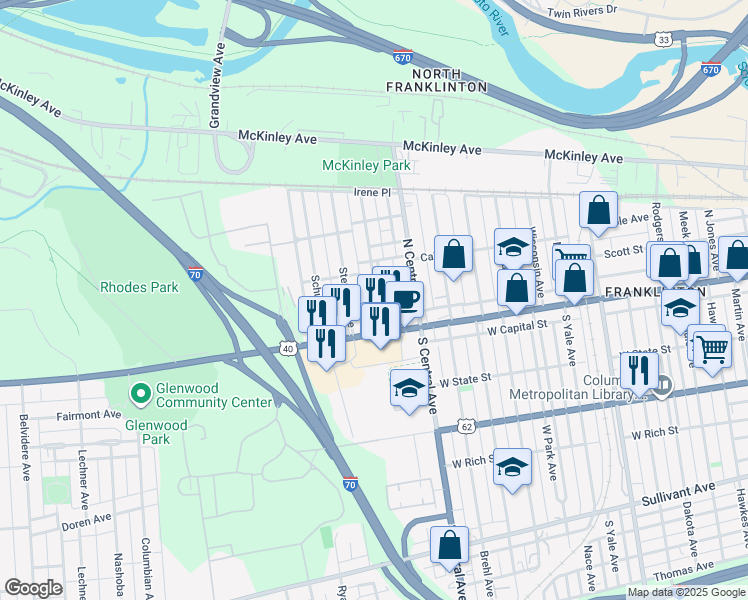 map of restaurants, bars, coffee shops, grocery stores, and more near 49 North Guilford Avenue in Columbus