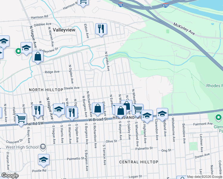 map of restaurants, bars, coffee shops, grocery stores, and more near 148 North Eureka Avenue in Columbus