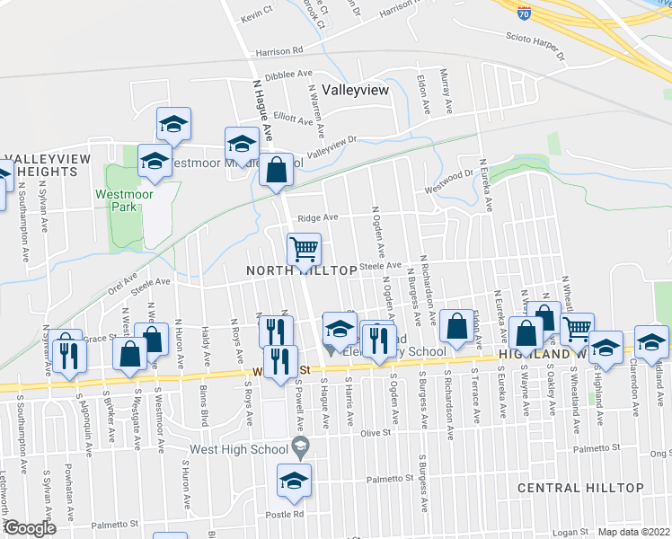 map of restaurants, bars, coffee shops, grocery stores, and more near Steele Ave & N Harris Ave in Columbus