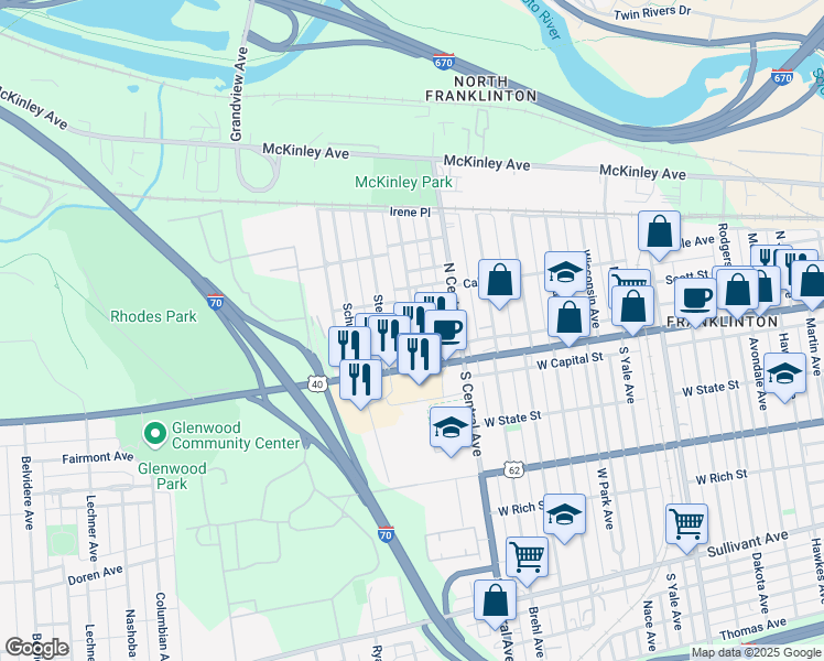 map of restaurants, bars, coffee shops, grocery stores, and more near 49 North Guilford Avenue in Columbus