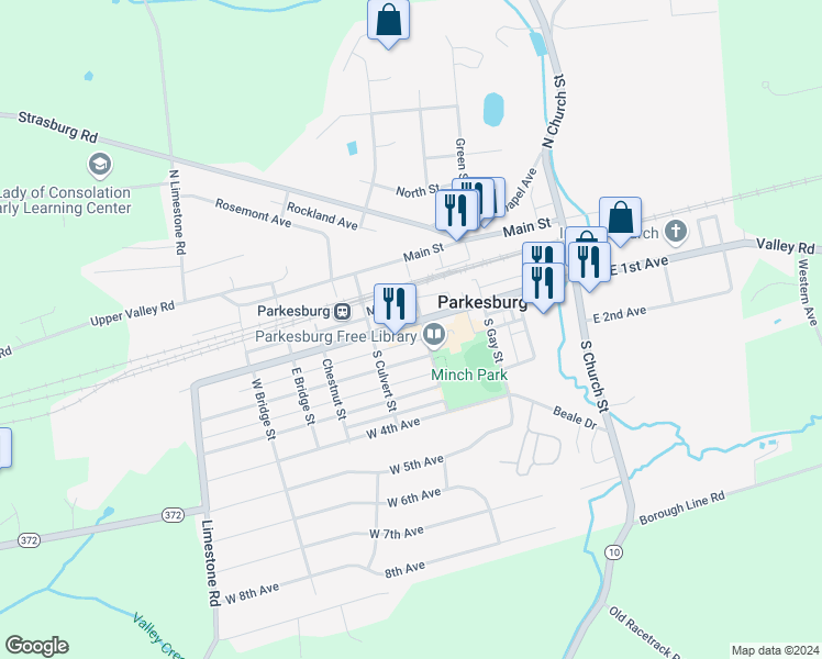 map of restaurants, bars, coffee shops, grocery stores, and more near 414 West 1st Avenue in Parkesburg