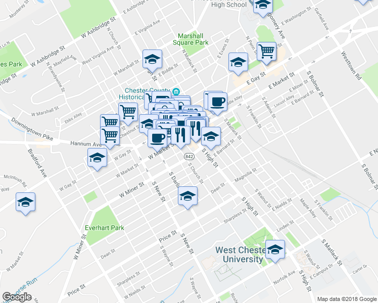 map of restaurants, bars, coffee shops, grocery stores, and more near 24 Wilmont Mews in West Chester