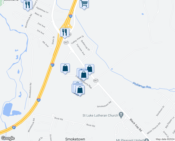 map of restaurants, bars, coffee shops, grocery stores, and more near 3116 Black Gap Road in Chambersburg