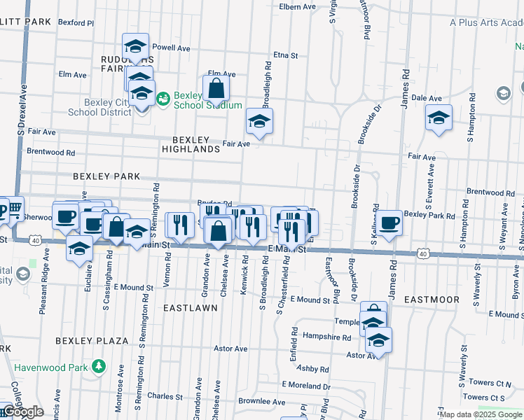 map of restaurants, bars, coffee shops, grocery stores, and more near 2839 Bryden Road in Columbus