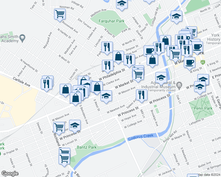 map of restaurants, bars, coffee shops, grocery stores, and more near 511 West Market Street in York