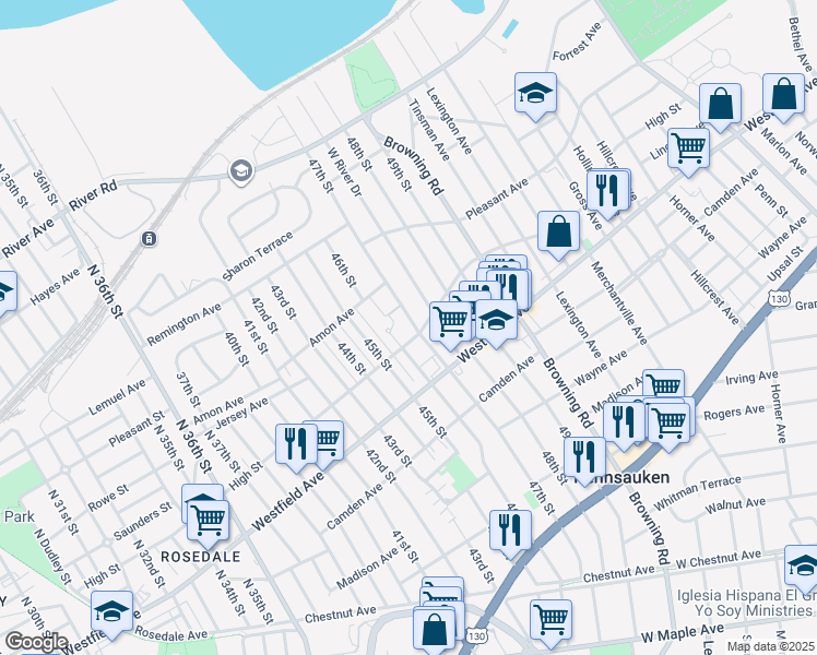 map of restaurants, bars, coffee shops, grocery stores, and more near 1871 47th Street in Pennsauken Township