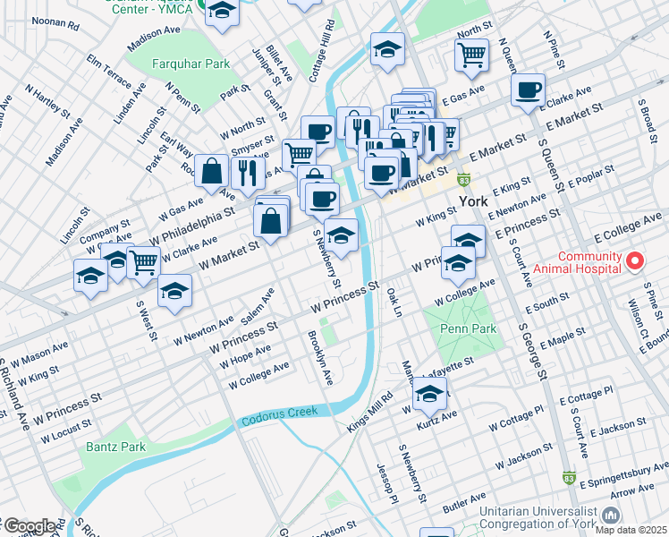 map of restaurants, bars, coffee shops, grocery stores, and more near 115 South Newberry Street in York