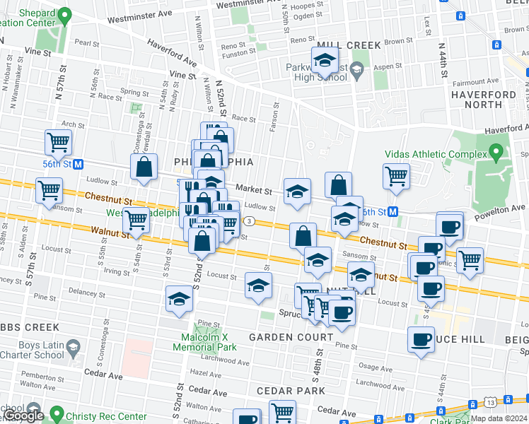 map of restaurants, bars, coffee shops, grocery stores, and more near 5022 Ludlow Street in Philadelphia