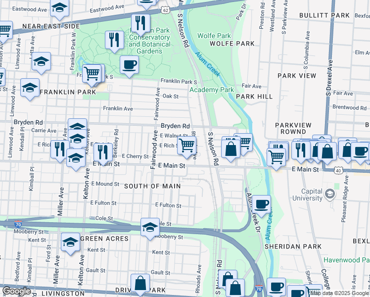 map of restaurants, bars, coffee shops, grocery stores, and more near 1841 East Rich Street in Columbus
