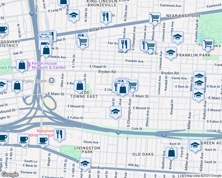 map of restaurants, bars, coffee shops, grocery stores, and more near 323 South 22nd Street in Columbus