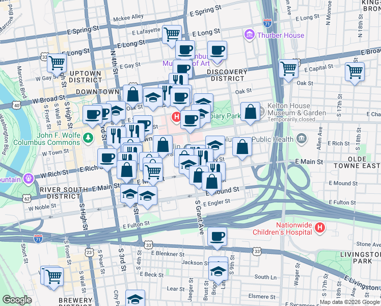 map of restaurants, bars, coffee shops, grocery stores, and more near S Grant Ave & E Rich St in Columbus