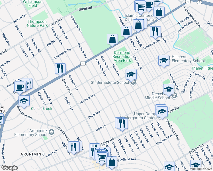 map of restaurants, bars, coffee shops, grocery stores, and more near 1101 Ormond Avenue in Upper Darby