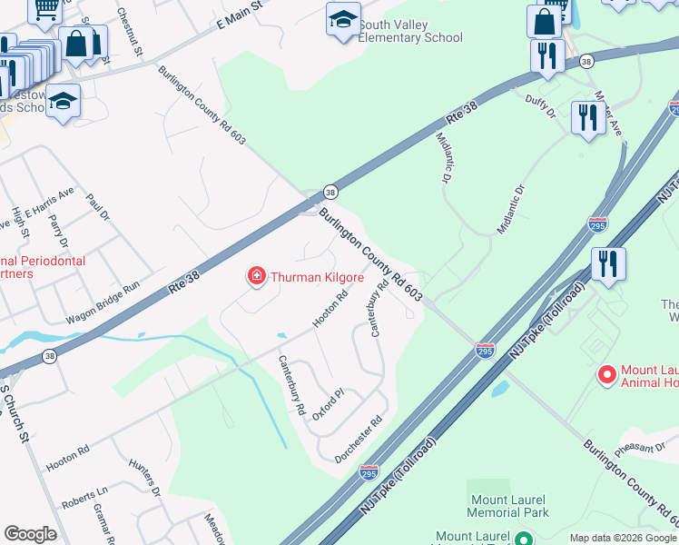 map of restaurants, bars, coffee shops, grocery stores, and more near 6 East Coach Lane in Mount Laurel Township