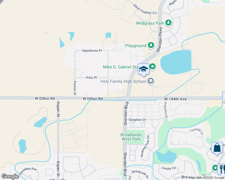 map of restaurants, bars, coffee shops, grocery stores, and more near 14563 Sheridan Boulevard in Broomfield