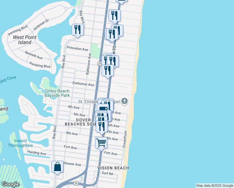 map of restaurants, bars, coffee shops, grocery stores, and more near 21 2nd Avenue in Seaside Heights