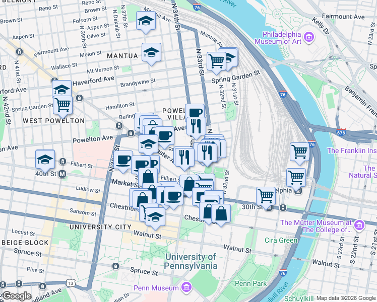 map of restaurants, bars, coffee shops, grocery stores, and more near 3314 Race Street in Philadelphia
