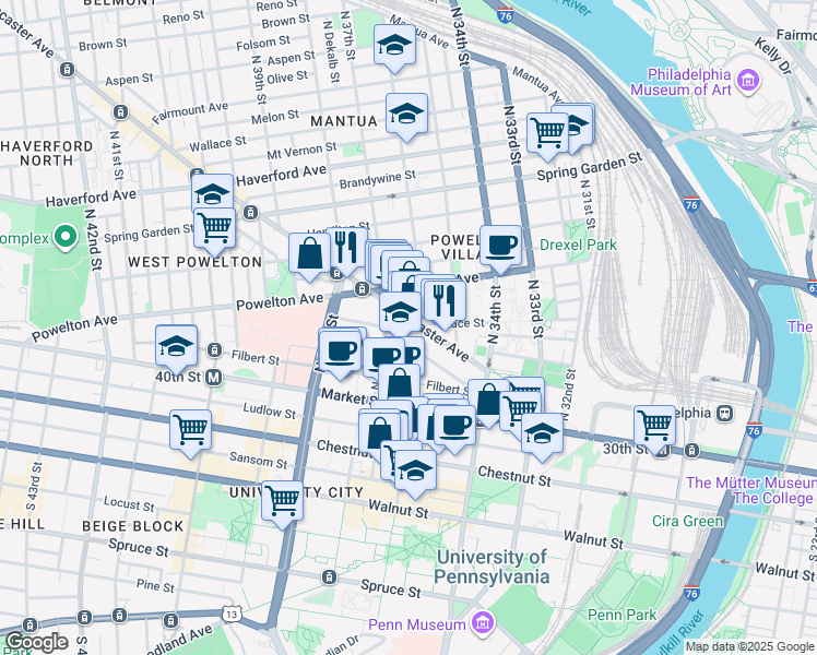 map of restaurants, bars, coffee shops, grocery stores, and more near in Philadelphia
