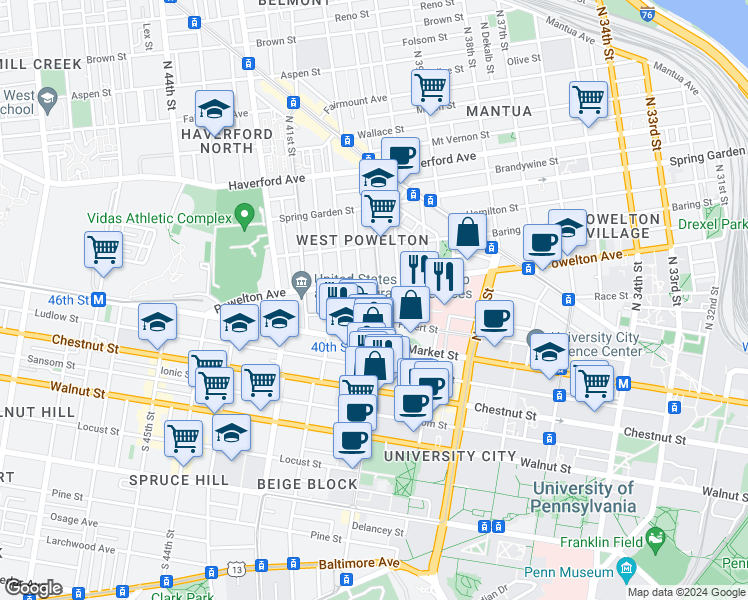map of restaurants, bars, coffee shops, grocery stores, and more near 49 Wiota Street in Philadelphia