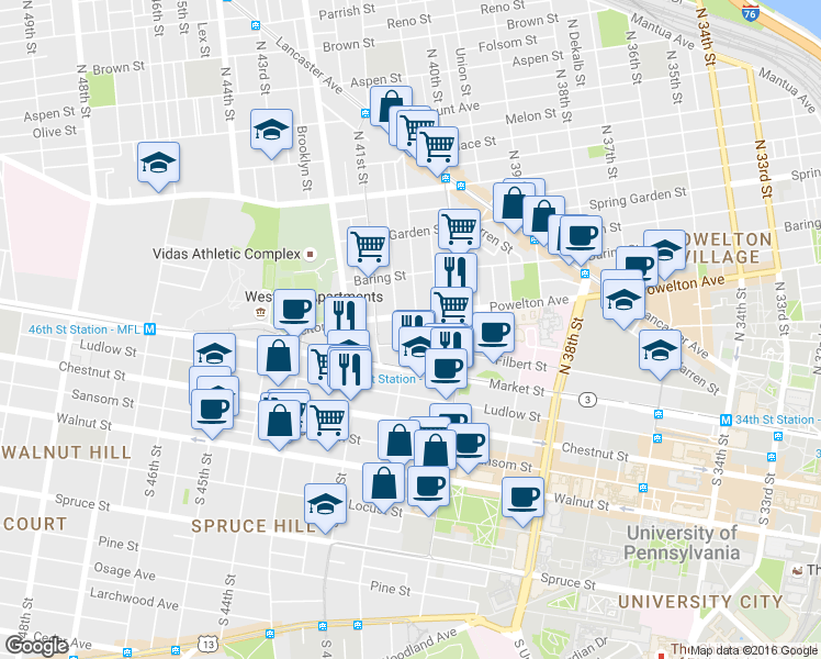 map of restaurants, bars, coffee shops, grocery stores, and more near 34 North Preston Street in Philadelphia