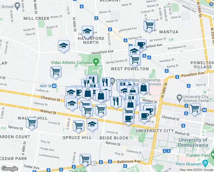 map of restaurants, bars, coffee shops, grocery stores, and more near in Philadelphia